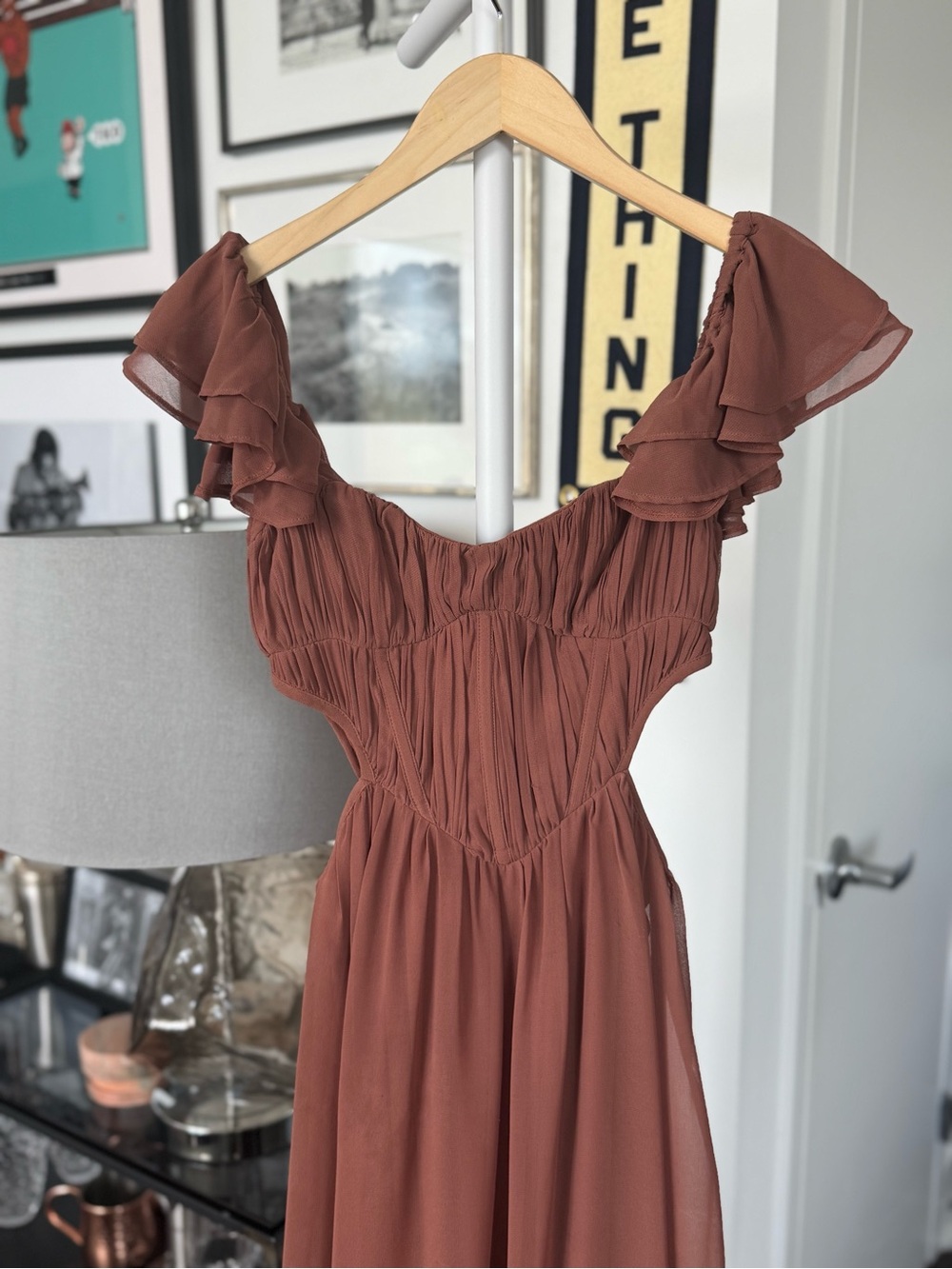 Ruffled Corset Cutout Maxi Gown in Mocha - Picture 4 of 8